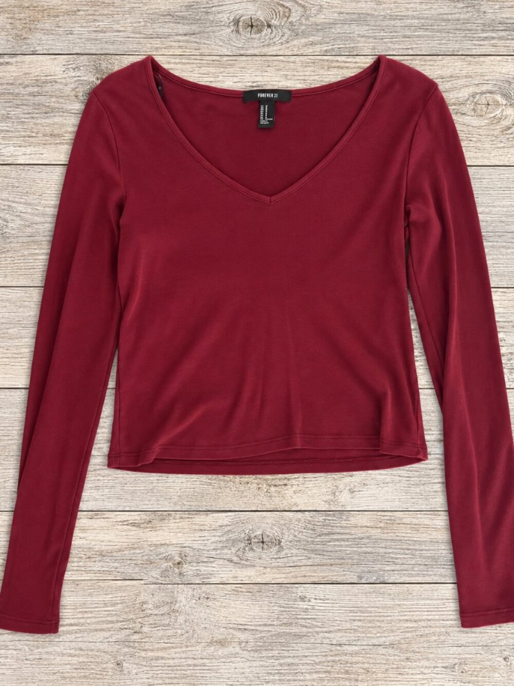 Forever 21 Burgundy Long Sleeve V-Neck Cropped Top Size Medium